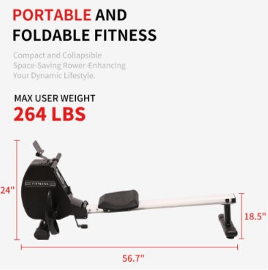 Beyondfit Rowing Machine 264 LBS Weight Capacity - Foldable -  With Comfortable Seat Cushion
