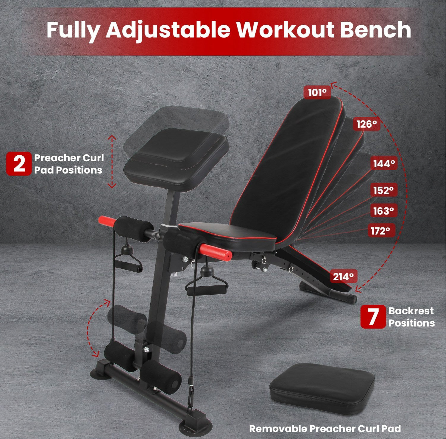 Beyondfit Adjustable Bench With Preacher Curl Pad Resistance Bands Leg Extension For Home Gym Full Body Exercise