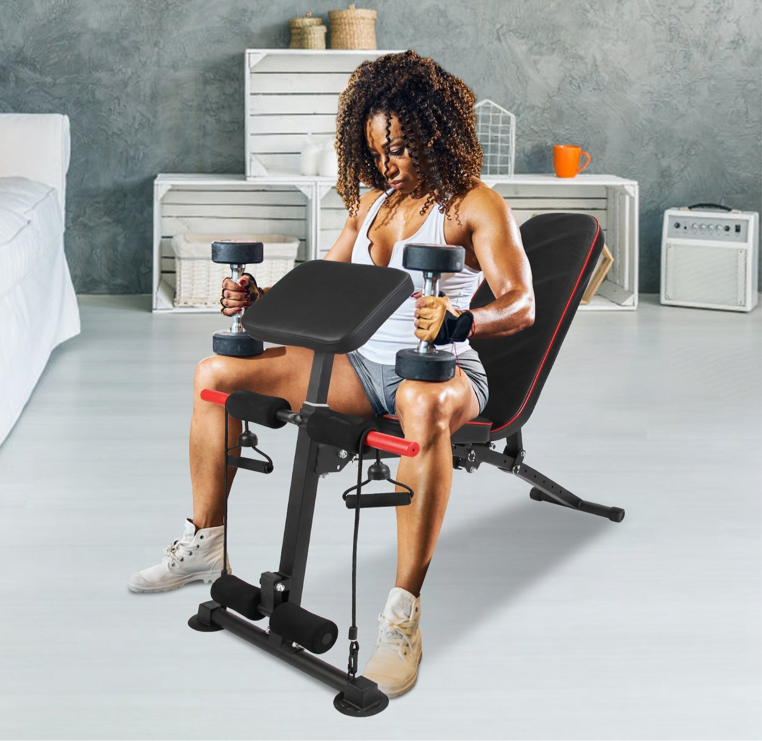 Beyondfit Adjustable Bench With Preacher Curl Pad Resistance Bands Leg Extension For Home Gym Full Body Exercise